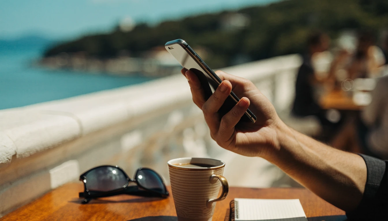 Ruka drži Android smartphone na terasi s pogledom na hrvatsku obalu
