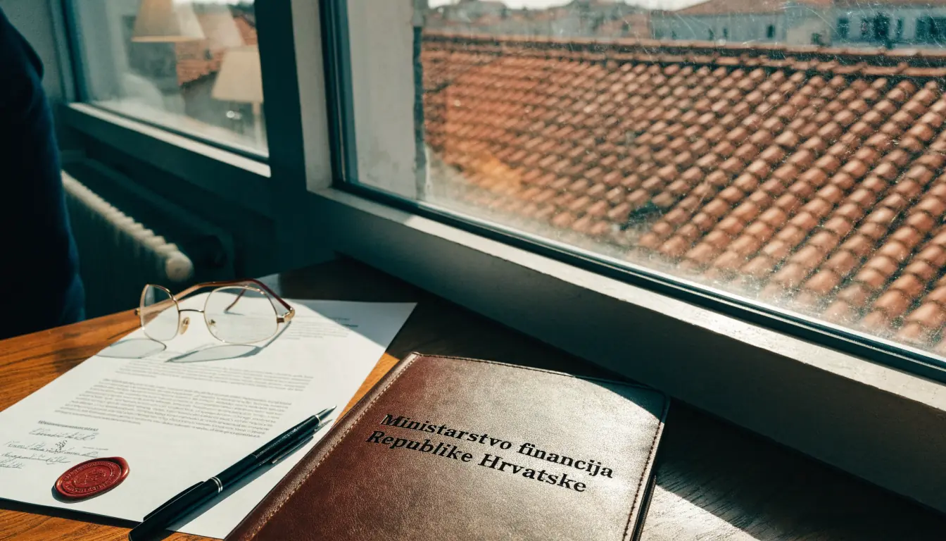 Službeni dokument s pečatom i povećalo na stolu, hrvatska obala u pozadini