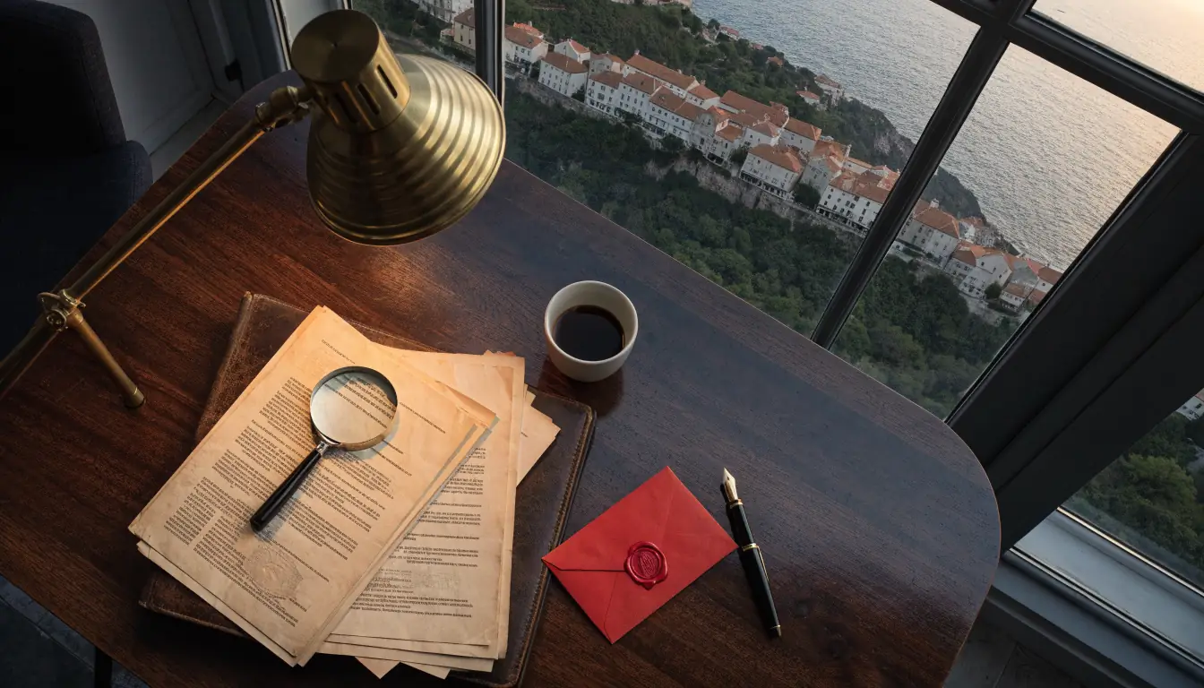 Urednički stol s pravnim dokumentima i pogledom na hrvatski obalni grad